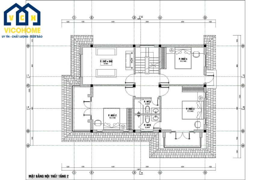 Bố trí công năng tầng 2 nhà 2 tầng 8x12 4 phòng ngủ